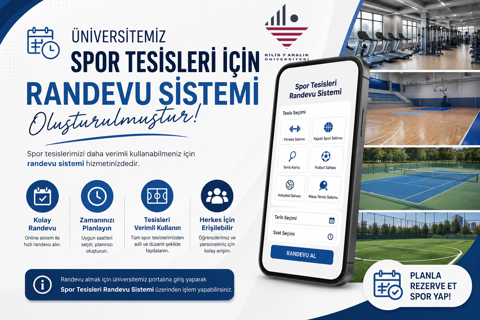 Üniversitemiz Sağlık Kültür ve Spor Daire Başkanlığı Spor Tesisleri Randevu  Sistemi Faaliyete Geçmiştir.